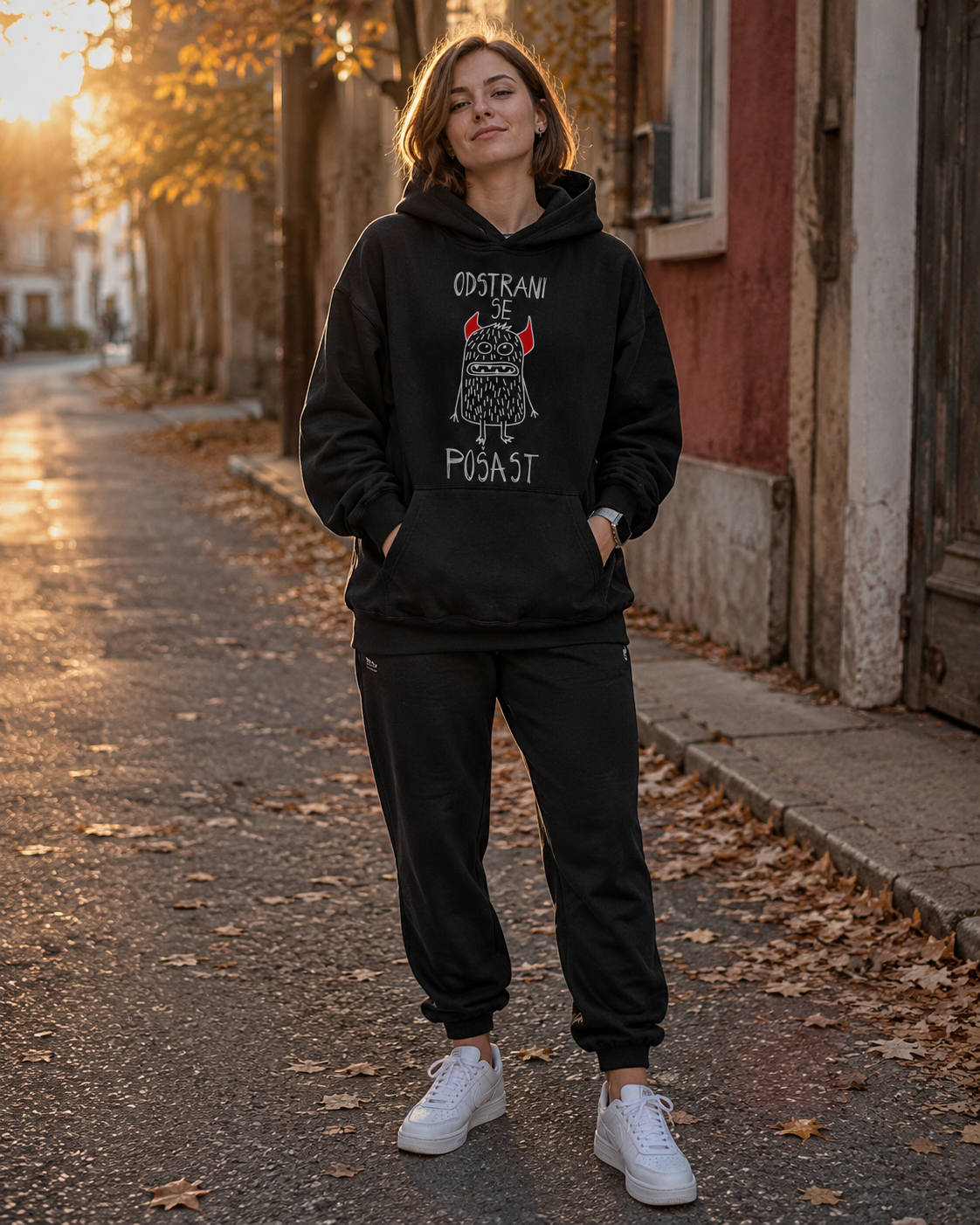 pulover s kapuco "odstrani se pošast" - lifestyle črn