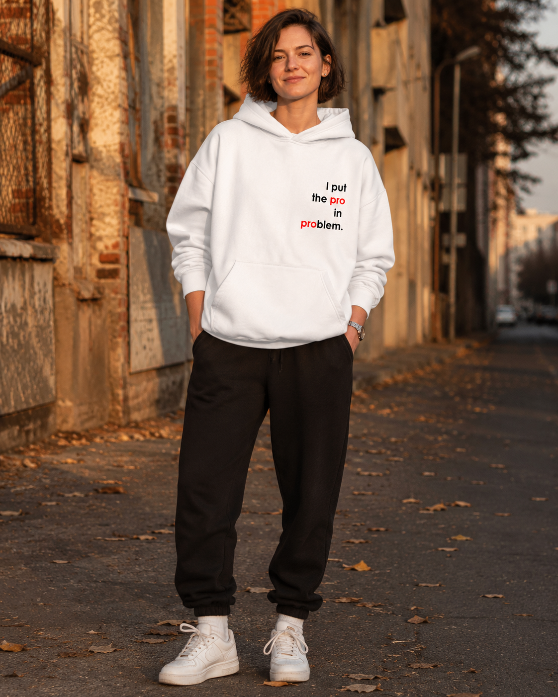 pulover s kapuco "I put the pro in problem" - lifestyle bel