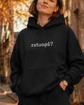 pulover s kapuco "zstuopš?" - lifestyle črn crop