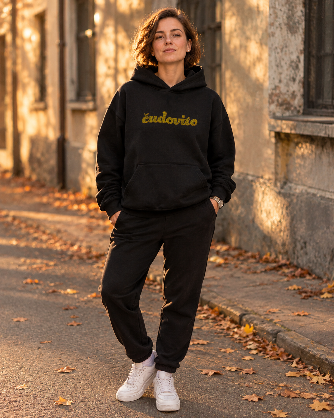 pulover s kapuco "čudovito" - lifestyle črn
