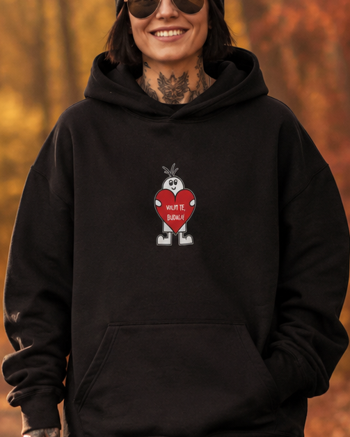 pulover s kapuco "volim te, budalo!" - lifestyle črn crop