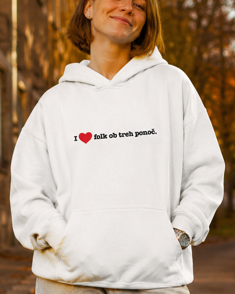 pulover s kapuco "i love folk ob treh ponoč" - lifestyle bel crop