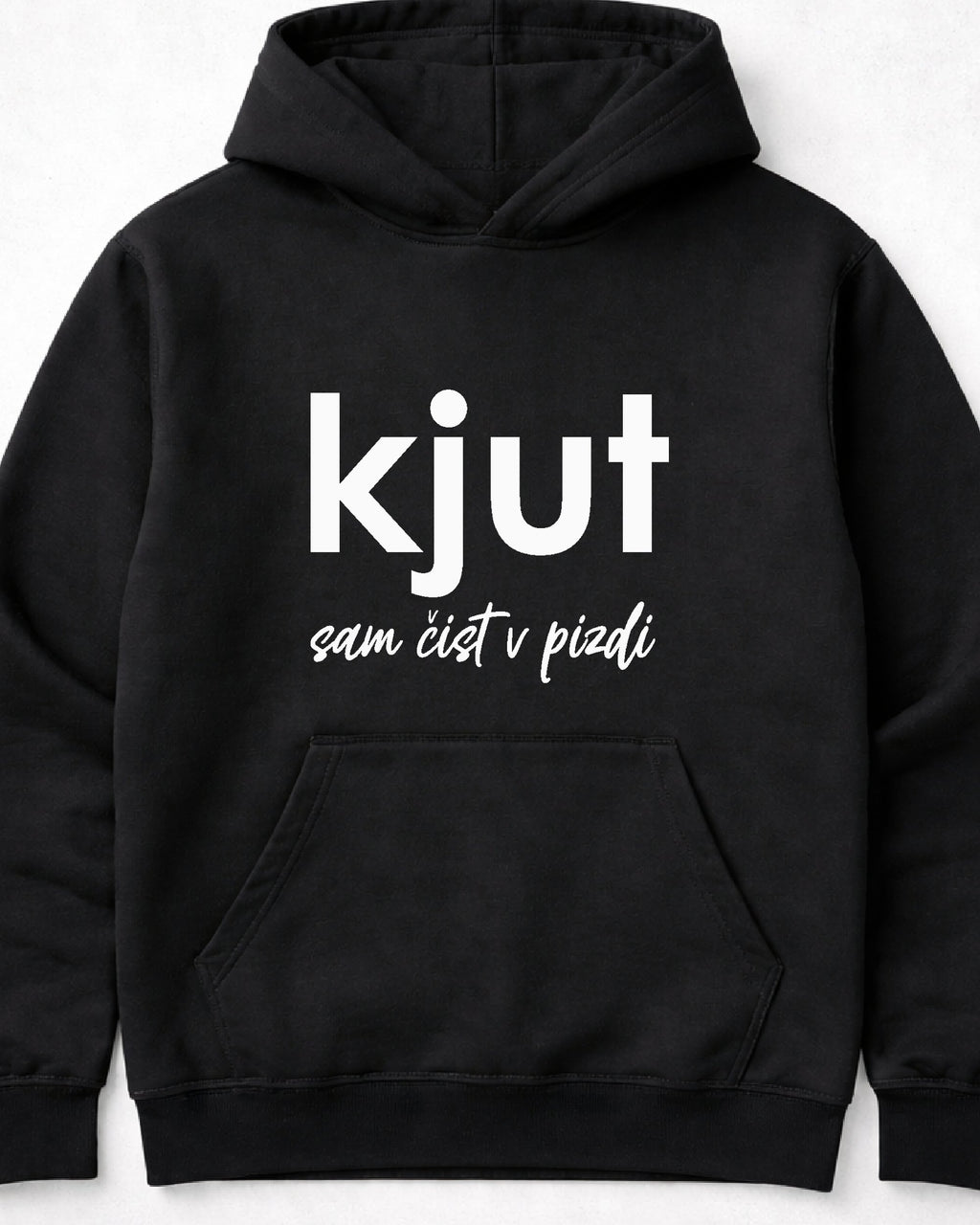 pulover s kapuco "kjut sam čist v pizdi" - mockup črn