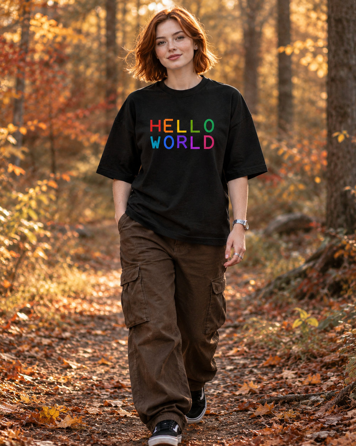 majica "hello world" - celopostavna črna