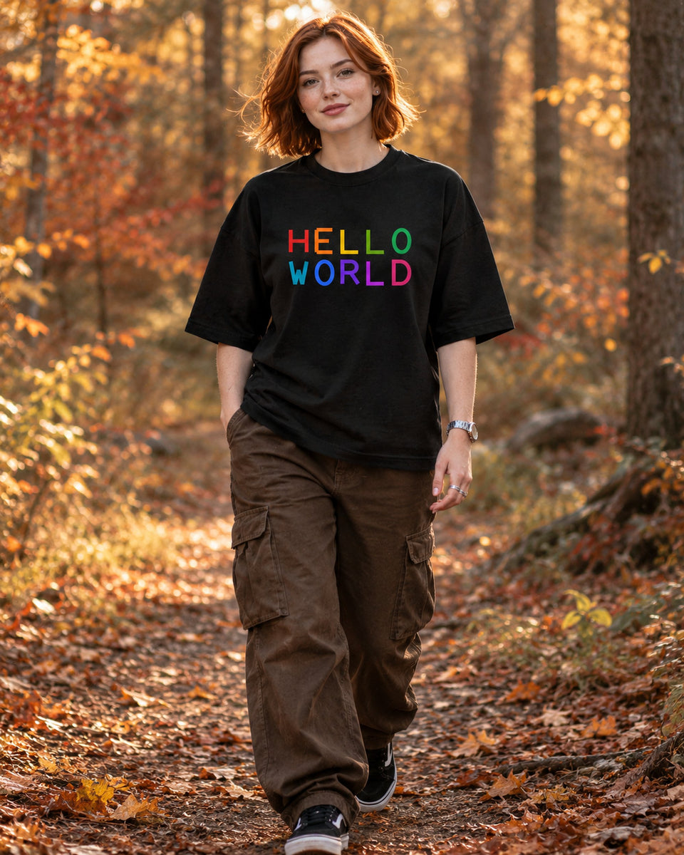 majica "hello world" - celopostavna črna