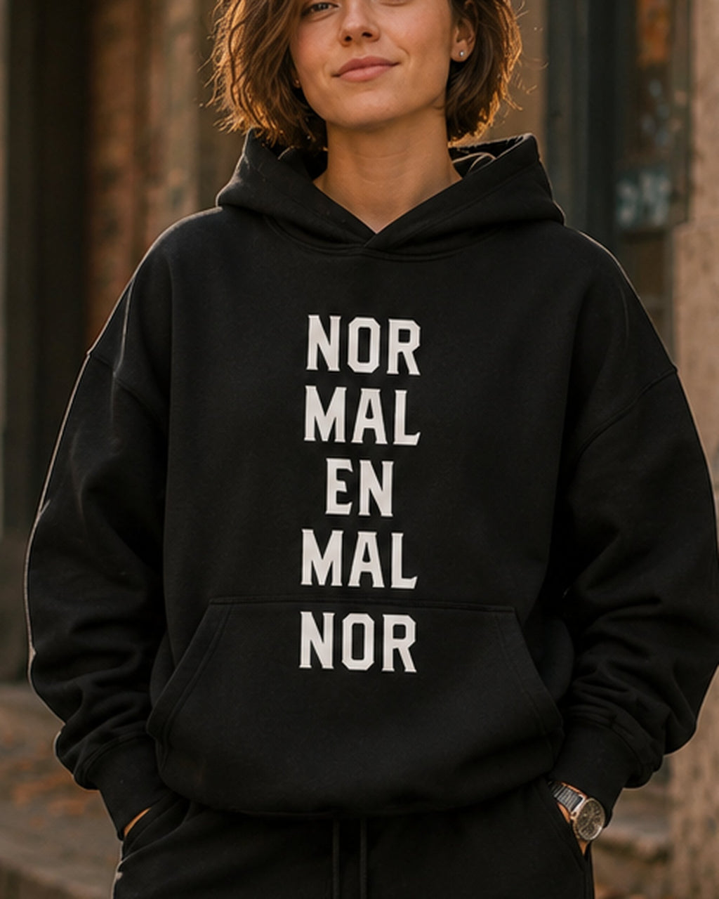 pulover s kapuco "normalen" - lifestyle črn crop