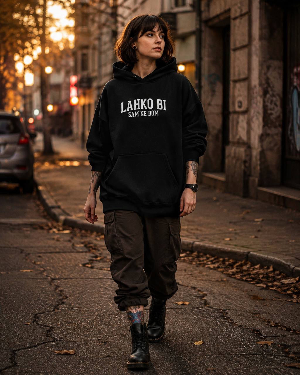 pulover s kapuco "lahko bi, sam ne bom" - črn