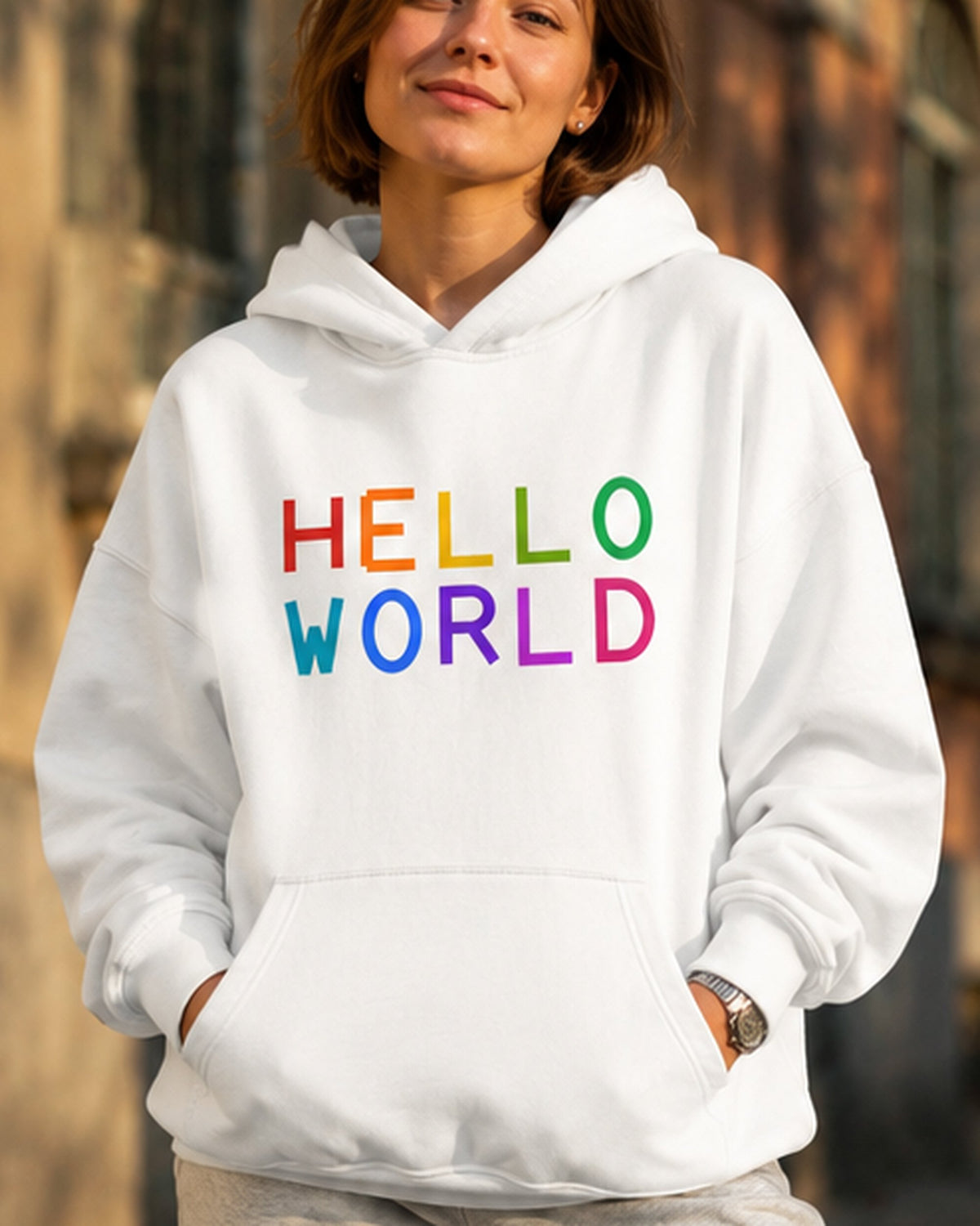 pulover s kapuco "hello world" - lifestyle bel crop