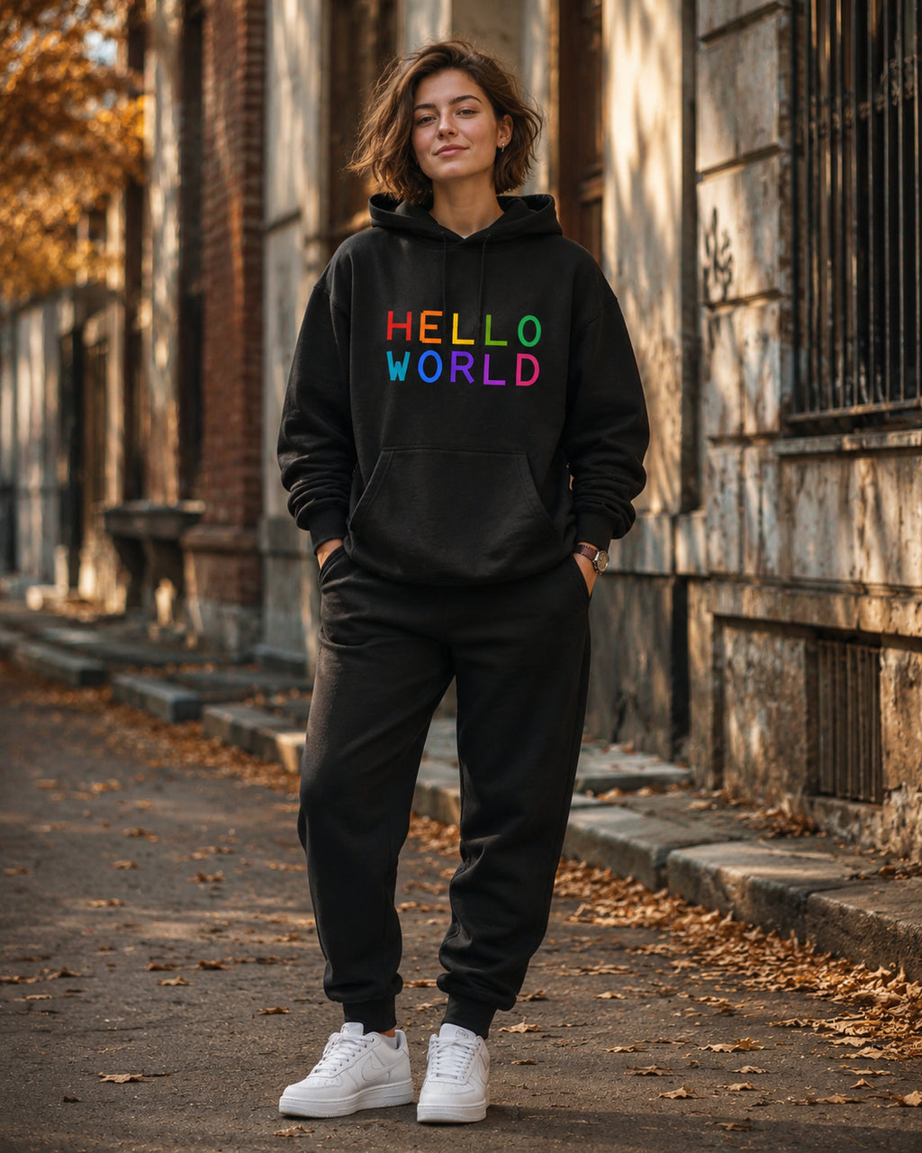 pulover s kapuco "hello world" - lifestyle črn