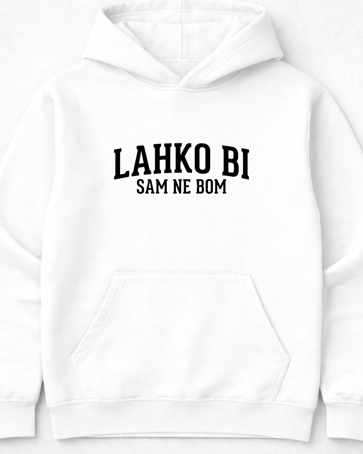 pulover s kapuco "lahko bi, sam ne bom" - mockup bel