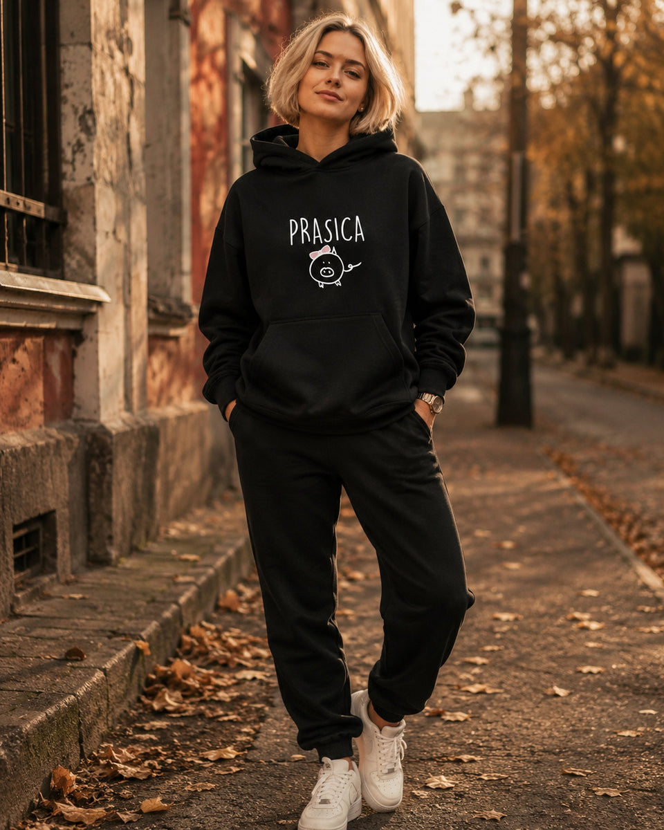 pulover s kapuco "prasica" - lifestyle črn