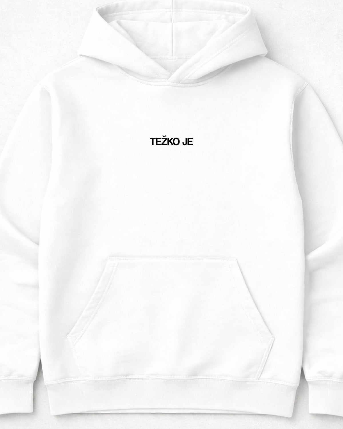 pulover s kapuco "težko je" - mockup bel