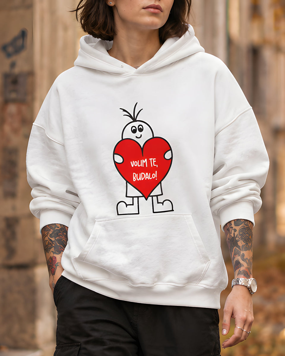 pulover s kapuco "volim te, budalo!" - izrez bela