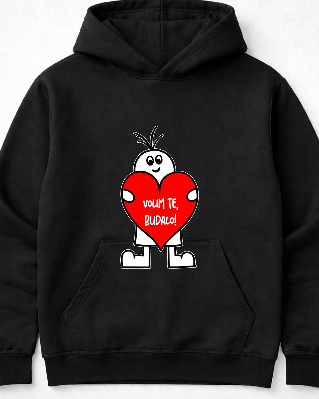 pulover s kapuco "volim te, budalo!" - mockup črn