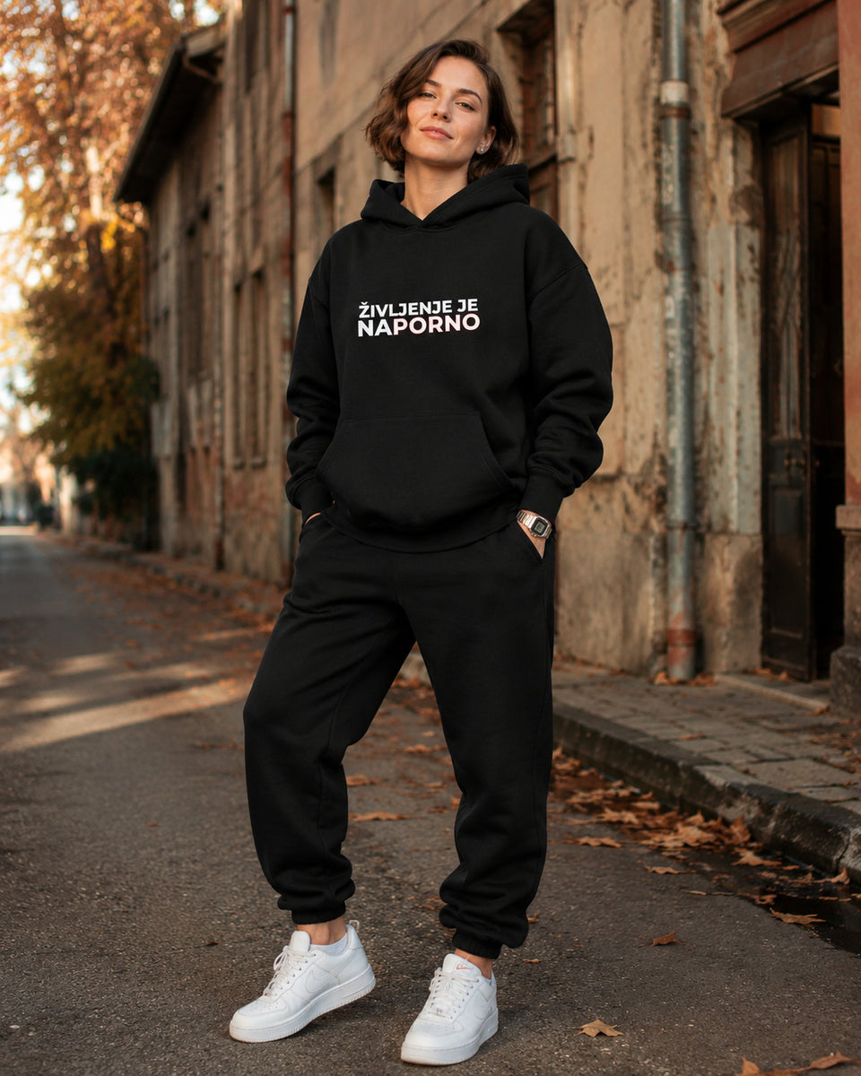pulover s kapuco "življenje je na porno" - lifestyle črn