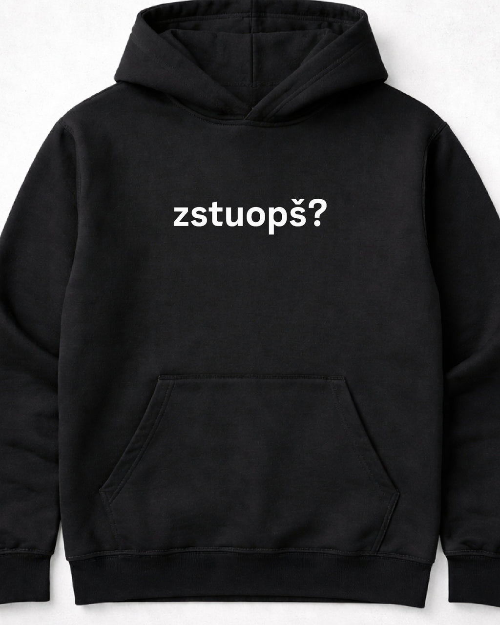 pulover s kapuco "zstuopš?" - mockup črn